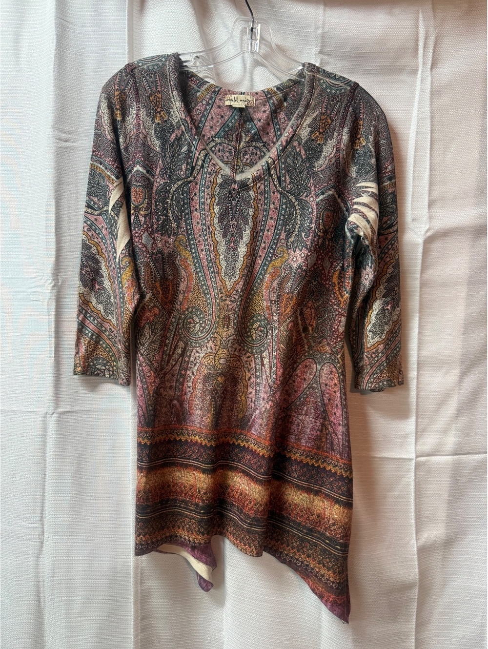 World Unity Women's Small Multicolor Paisley Tunic Top with Asymmetric Hem